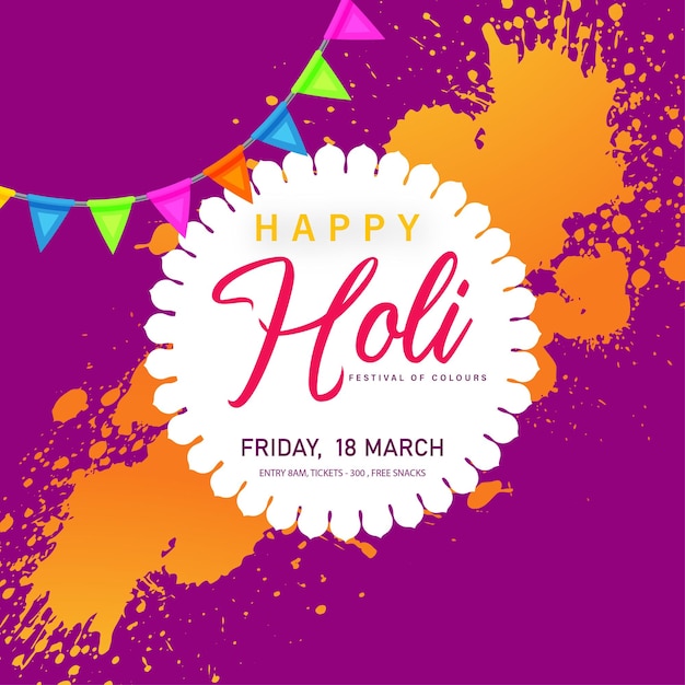 Happy holi greetings purple orange white colorful indian hinduism festival fondo de redes sociales