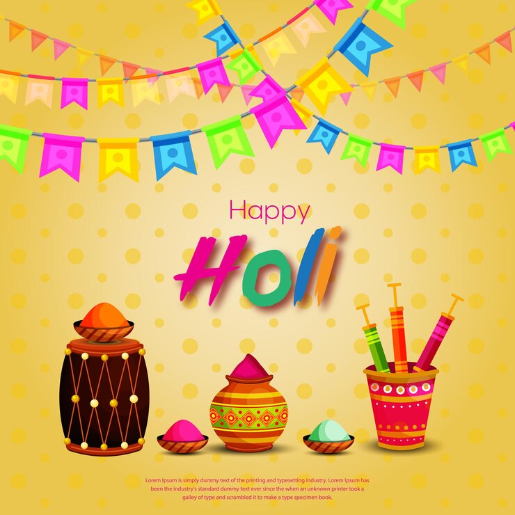 Happy holi Lleno de polvo de color gulal y trazo de pincel grunge sobre fondo nuevo Vector Premium