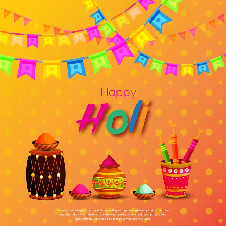 Happy holi Lleno de polvo de color gulal y trazo de pincel grunge sobre fondo nuevo Vector Premium