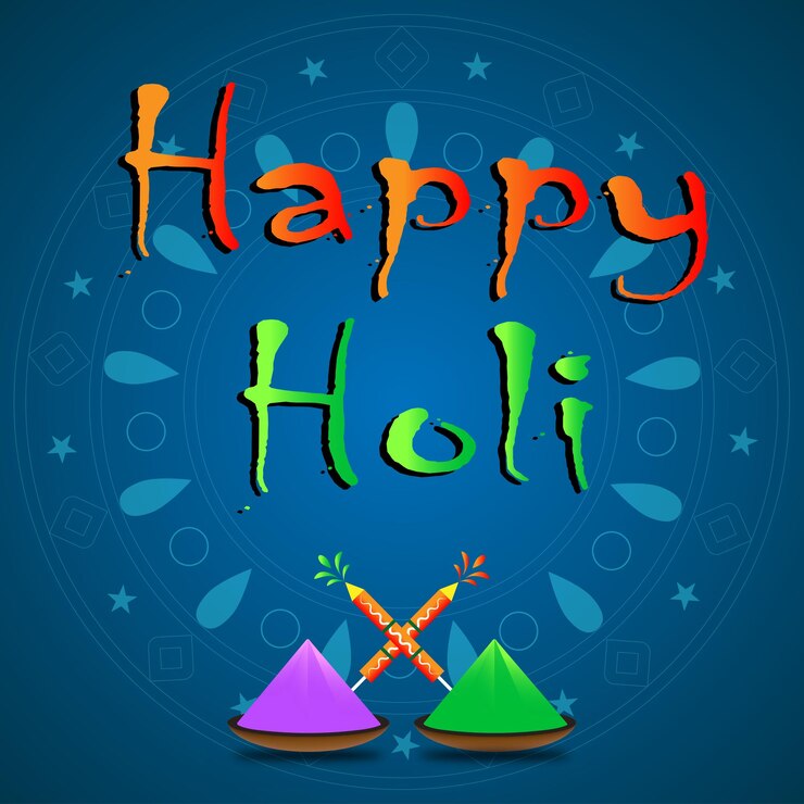 Happy Holi Text Coloring Art Design con placas de colores y Pichkari