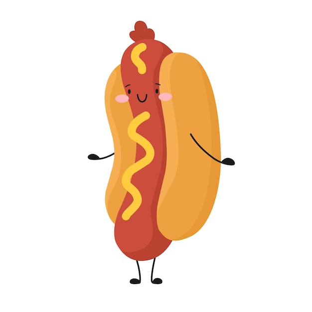 Happy hot dog salchicha de comida rápida en masa ilustración vectorial