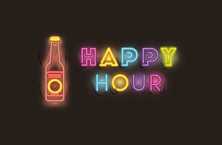 Happy hour con fuentes de botella de cerveza luces de neón