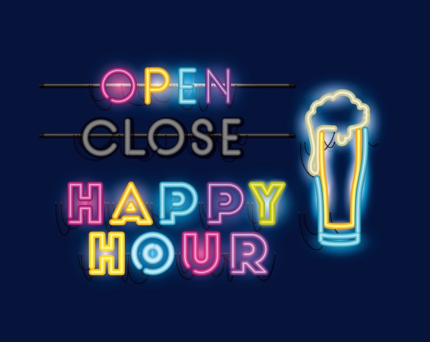 Vector happy hour con fuentes de tarro de cerveza luces de neón