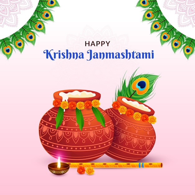 Happy Krishna Janmashtami Dahi Handi, decoración de plumas de pavo real