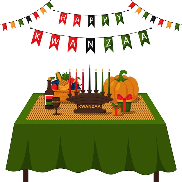 Vector happy kwanzaa una mesa festiva con una alfombra tejida unidad taza kinara regalos y una canasta de frutas celebrando la fiesta afroamericana de kwanzaa ilustración vectorial de dibujos animados sobre un fondo blanco