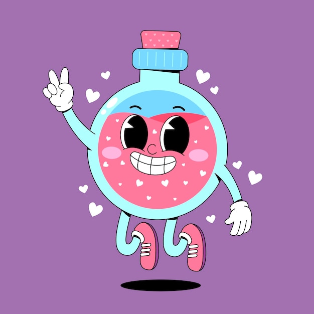 Happy Love Potion Personaje de dibujos animados con corazones y un signo de paz