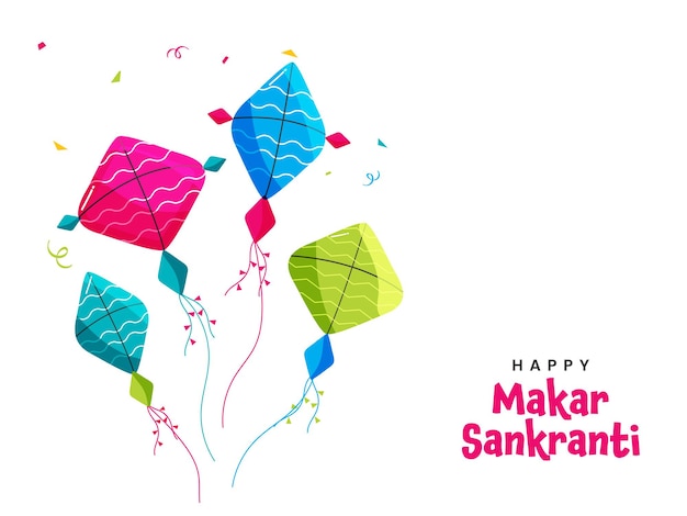 Happy makar sankranti font con cometas de colores, confeti sobre fondo blanco.