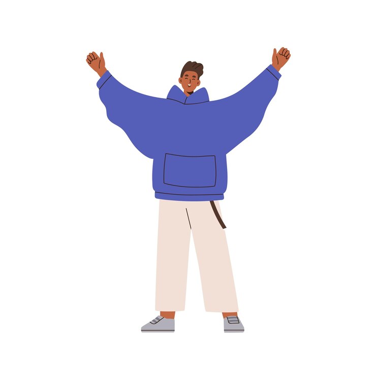 Vector happy man with arms raised up cheerful young character smiling standing in open welcoming pose hands spread excited positive friendly guy flat vector illustration isolated on white background