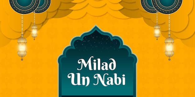 Happy milad un nabi diseño de cartel de fondo de color amarillo y azul cielo oscuro