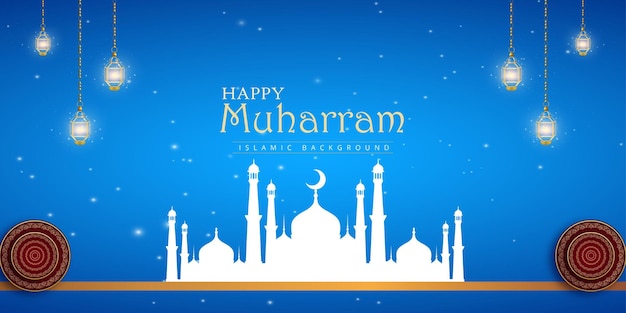Happy Muharram Blue Golden Background Islamic Social Media Banner Vector libre