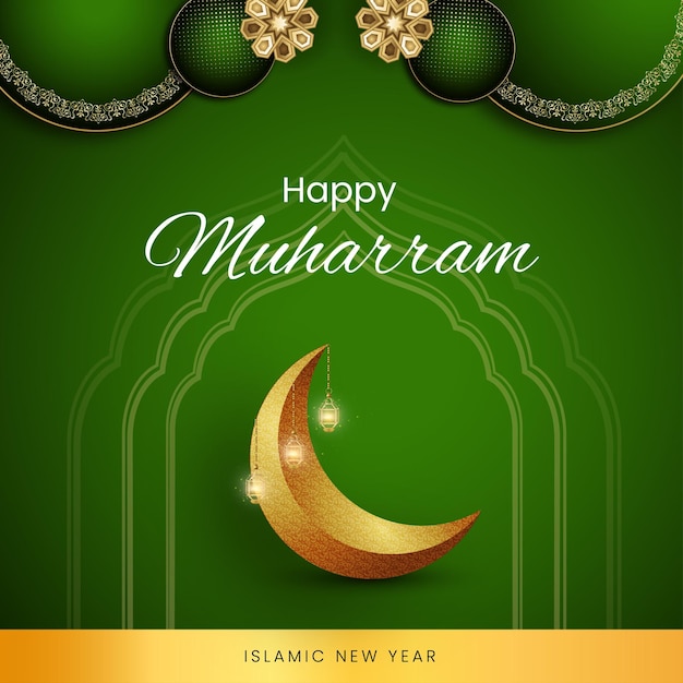 Happy Muharram Green Golden Background Islamic Social Media Banner Vector libre