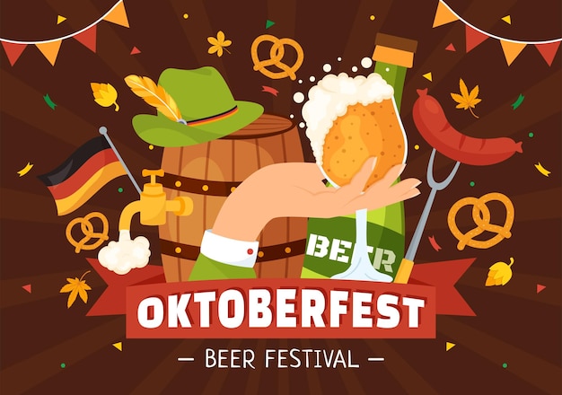 Happy Oktoberfest Party Beer Festival Vector Ilustración en fondo Plantillas dibujadas a mano de dibujos animados