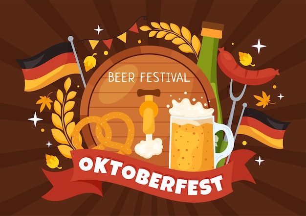 Happy Oktoberfest Party Beer Festival Vector Ilustración en fondo Plantillas dibujadas a mano de dibujos animados