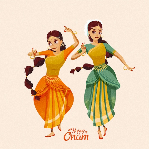 Vector happy onam dos hermosas bailarinas con sari