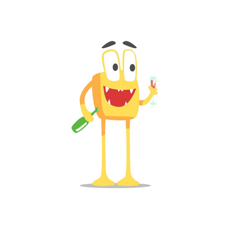 Vector happy orange square monster con botella y copa de vino de fiesta como invitado en glamorous posh party vector illustration
