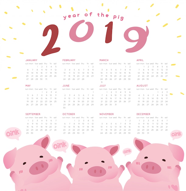 Happy pig año nuevo 2019 calendario vector