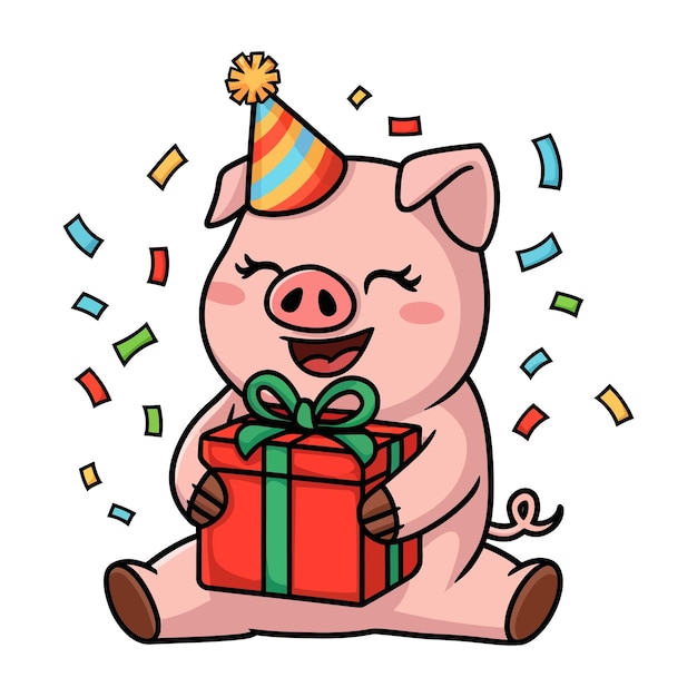 Happy Pig Celebrating a Birthday with a Gift