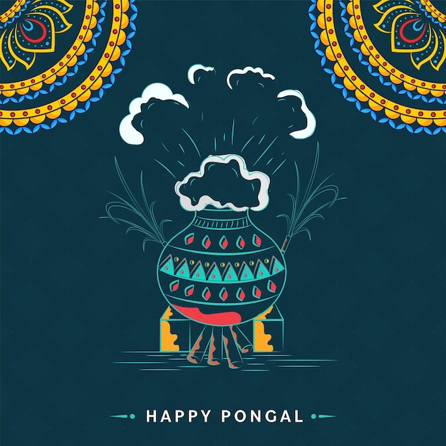 Happy Pongal Celebration Concept con Doodle Cooking Pot sobre leña, cañas de azúcar y Mandala Corner sobre fondo azul turquesa