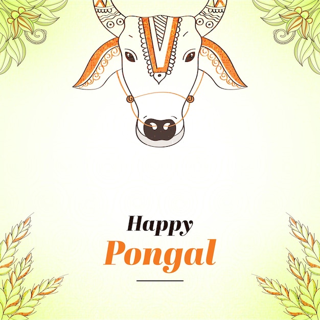 Happy Pongal Concept con estilo Doodle cara de vaca o toro oreja de trigo y fondo decorado con flores