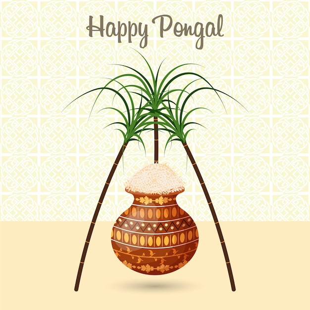 Happy Pongal, olla de barro con arroz y tallos de bambú sobre fondo con adorno oriental. hindú