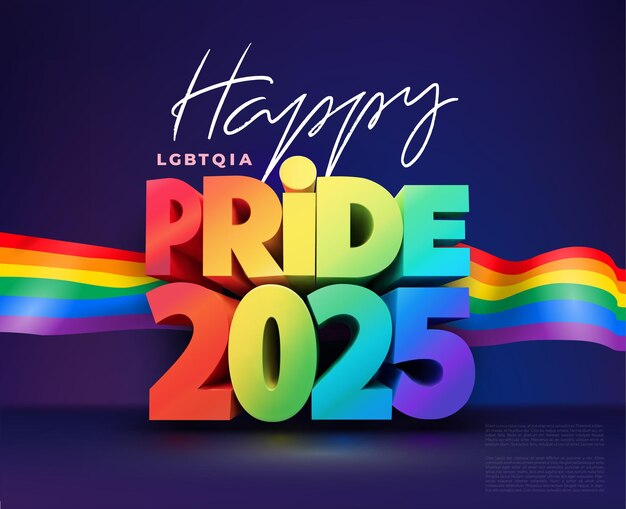 Happy Pride Gradient 2025: fondo LGBTQ3D, letras volumétricas, banner vectorial y logotipo de la comunidad LGBTQ