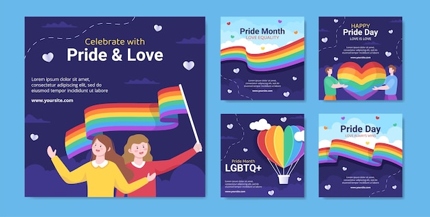 Happy Pride Month Day Social Media Ig Post Plantilla Plano Dibujos animados Fondo Vector Ilustración