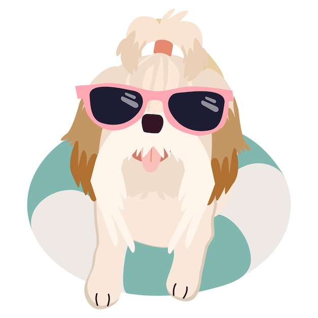 Vector happy shih tzu con gafas de sol y colchón de aire de anillo flotante para el verano