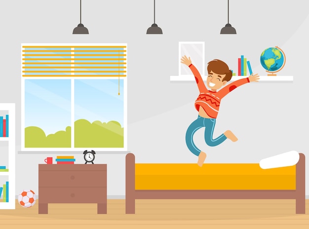 Vector happy smiling boy saltando en su cama como un trampolín en su dormitorio ilustración vectorial de dibujos animados