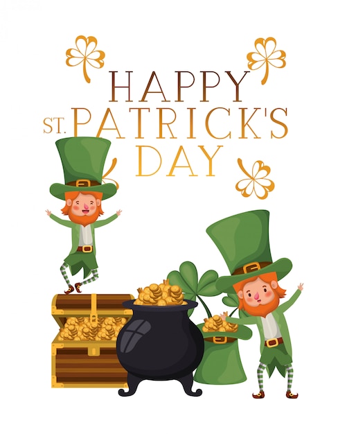 Vector happy st patrick day label con el personaje de leprechauns