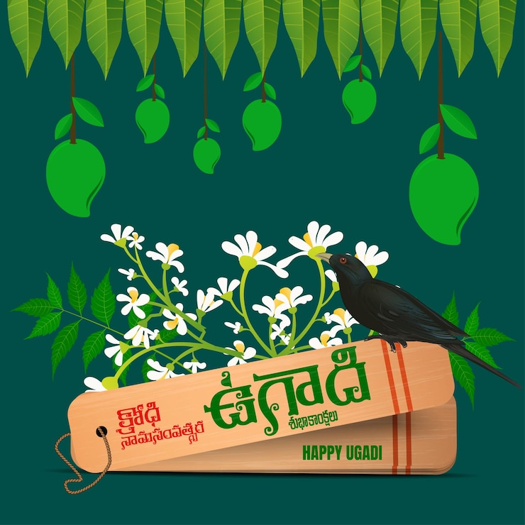 Vector happy ugadi escrito en lengua telugu en talapatra significa hoja de palma rodeada de elementos festivos