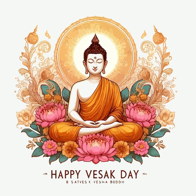 Vector happy vesak day and buddha purnima vector illustration with lord buddha flat drawn concept