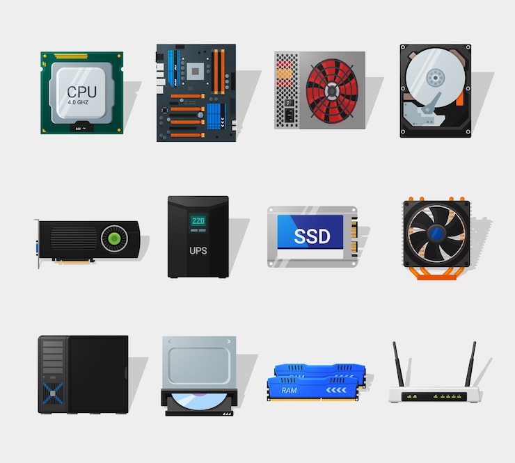 Vector hardware informático de estilo plano. estilo plano detallado. diferentes partes de la computadora. cpu, placa base, hdd, ssd y tarjeta de video.