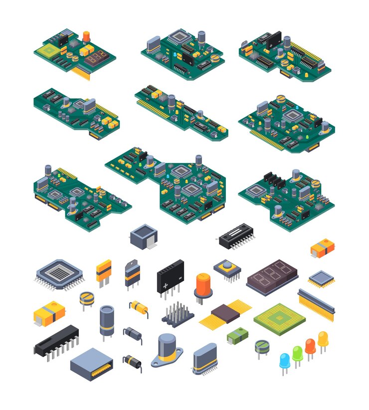 Vector hardware de microchip fabricación de placas base verdes de alimentación de computadora con chip pequeño para dispositivos electrónicos ilustraciones isométricas vectoriales llamativas