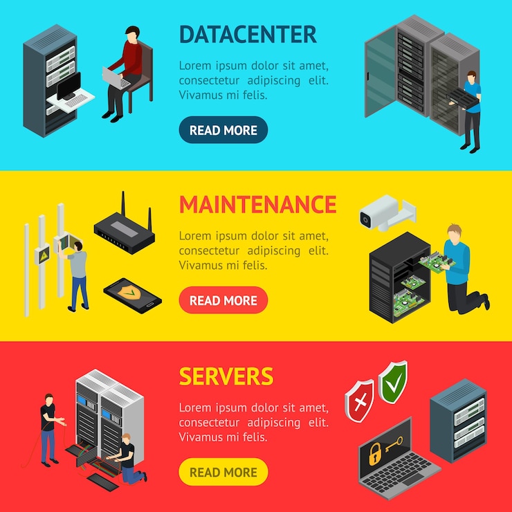 Vector hardware del servidor banner conjunto horizontal vista isométrica ilustración vectorial de la tecnología de icono red de computadoras