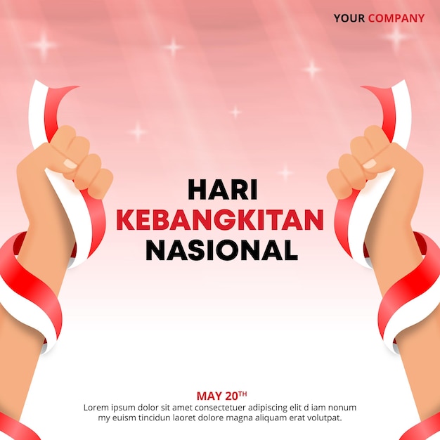 Hari Kebangkitan Nasional o diseño del Día del Despertar Nacional de Indonesia con una mano sosteniendo una bandera
