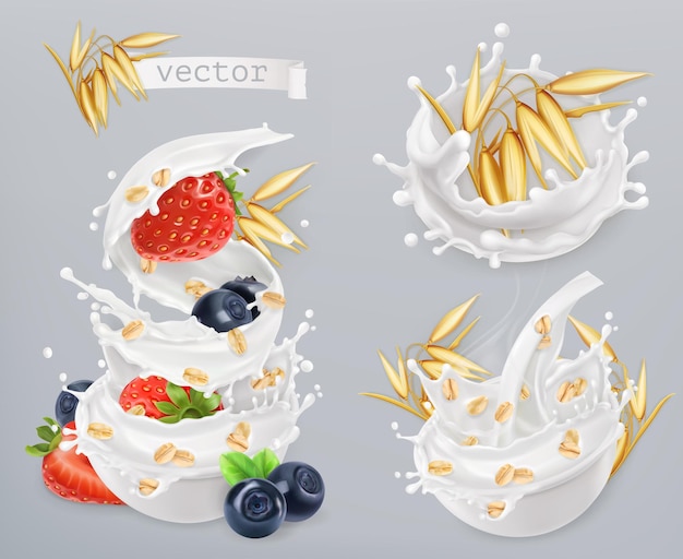 Harina de avena. Granos de avena, fresa, arándano y salpicaduras de leche. conjunto de iconos realista