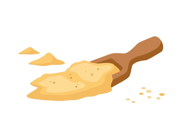 Harina de trigo en cuchara de madera Espátula de madera con granos de harina en ilustración vectorial al estilo de dibujos animados