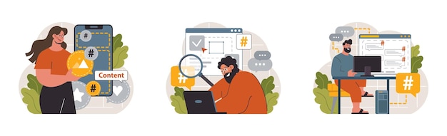 Hashtag conjunto de caracteres utilizando dispositivo digital para enviar publicaciones y compartirlas en redes sociales globales