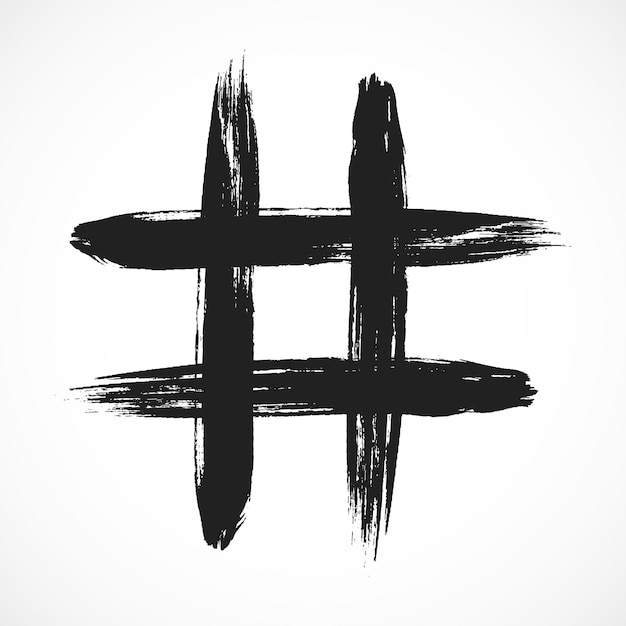Hashtag dibujado a mano trazo de pincel arte sucio símbolo icono signo aislado sobre fondo blanco