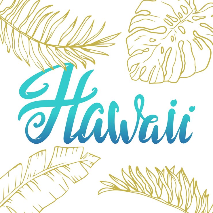 Hawaii letras hojas tropicales en el fondo