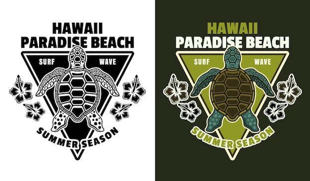Hawaii paraíso playa vector vintage emblema etiqueta insignia o logotipo con vista superior de tortuga Ilustración en dos estilos negro sobre blanco y colorido sobre fondo oscuro