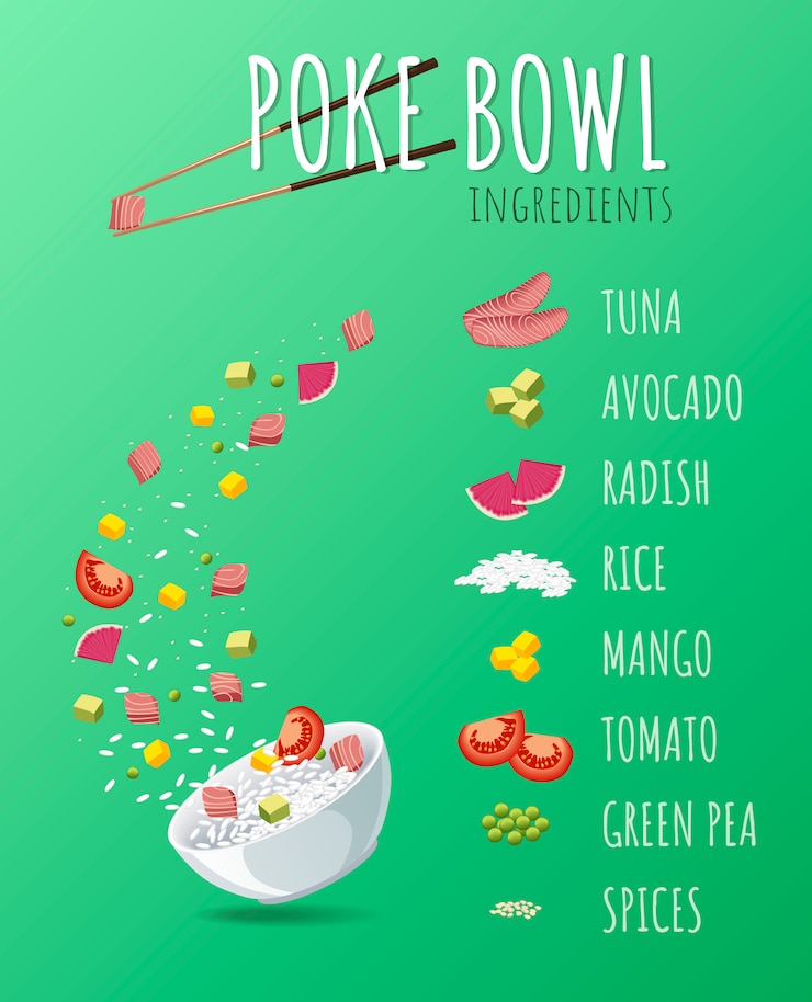 Vector hawaiian poke tuna bowl con verduras y verduras.