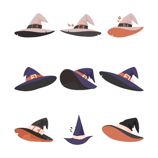 Vector hay muchos sombreros de halloween en forma de brujas al estilo de dibujos animados