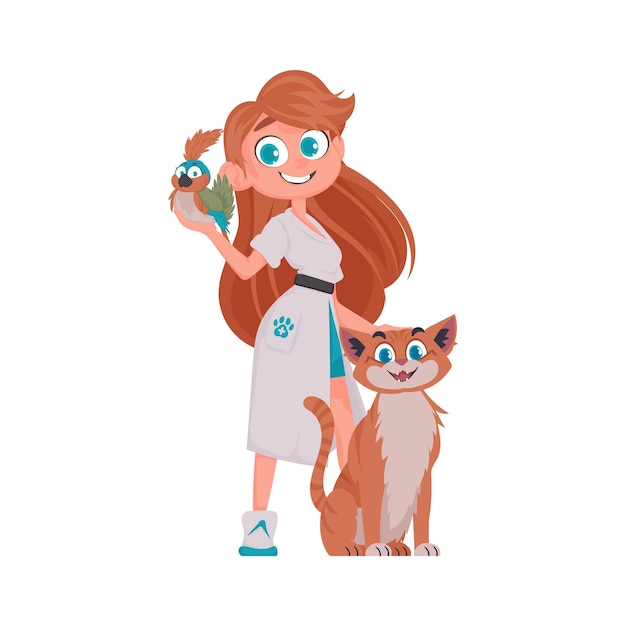 Hay una niña que cuida animales. Es muy divertida y linda y le gusta mucho estar con ellos. Ilustración vectorial