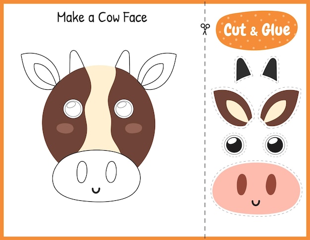 Haz un divertido juego de cara de vaca para niños. Página de actividades educativas para cortar y pegar
