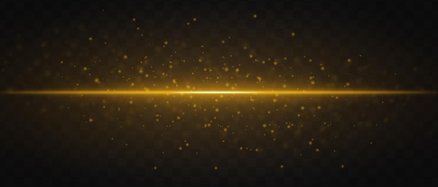 Un haz de láser dorado brillante horizontalmente con partículas brillantes a través de un fondo transparente oscuro que crea un efecto visual futurista y de alta tecnología.