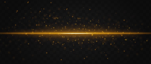 Un haz de láser dorado brillante horizontalmente con partículas brillantes a través de un fondo transparente oscuro que crea un efecto visual futurista y de alta tecnología.