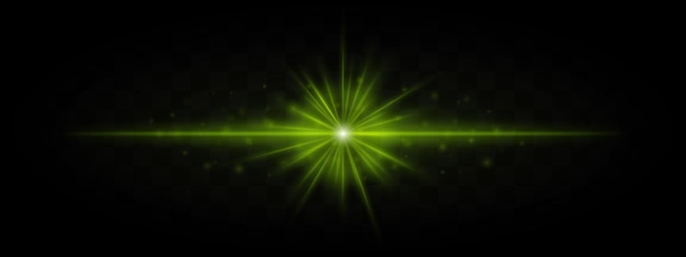 Haz láser verde horizontal con efecto starburst y partículas brillantes dispersas en un fondo transparente Ideal para diseños de ciencia ficción futurista o de tecnología