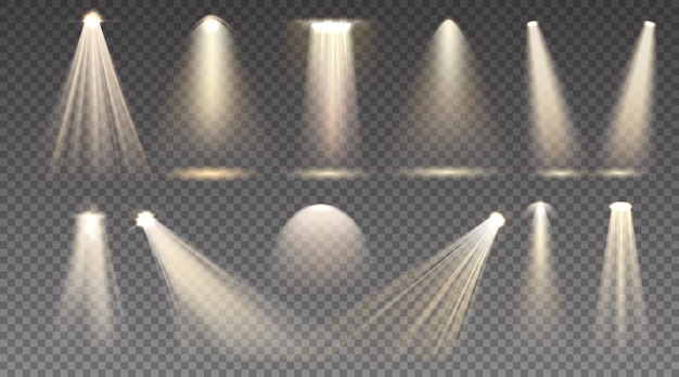 Haz de luz Escena realista y foco de escenario Rayo de proyector dorado aislado Lámpara transparente amarilla y efecto de brillo solar Luminaria brillante Conjunto de plantillas de iluminación vectorial