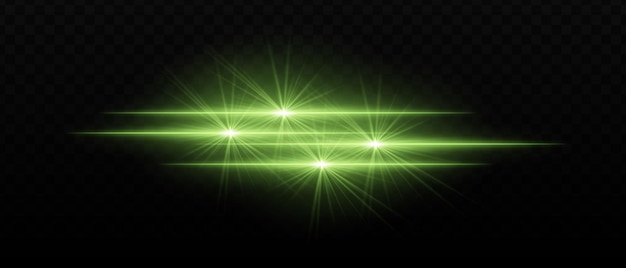 Haz de luz verde brillante con ráfagas estelares y resplandor radiante Rayas de luz horizontales y deslumbramiento en fondo oscuro que crean un efecto de iluminación vibrante